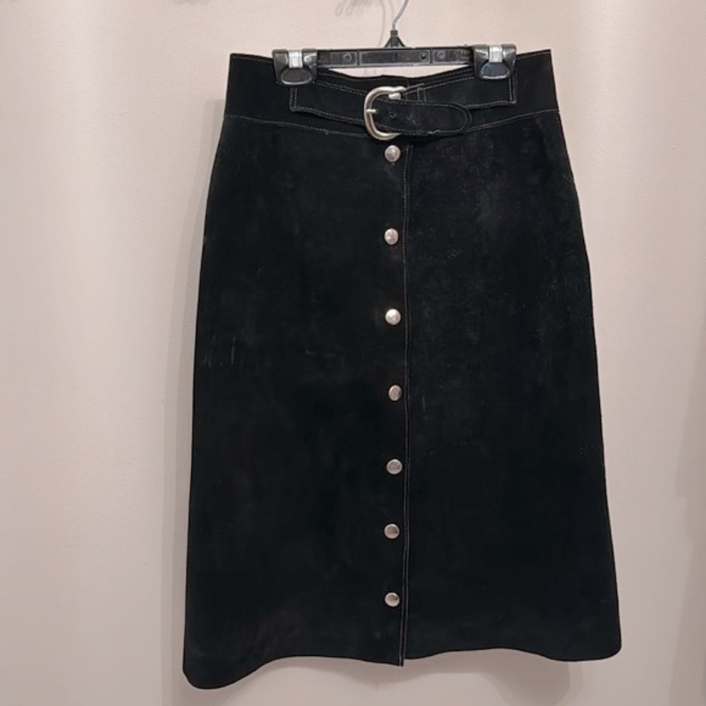 Fiocchi Lecco Vintage Soft Suede Dark Black Snap Closure Midi Skirt